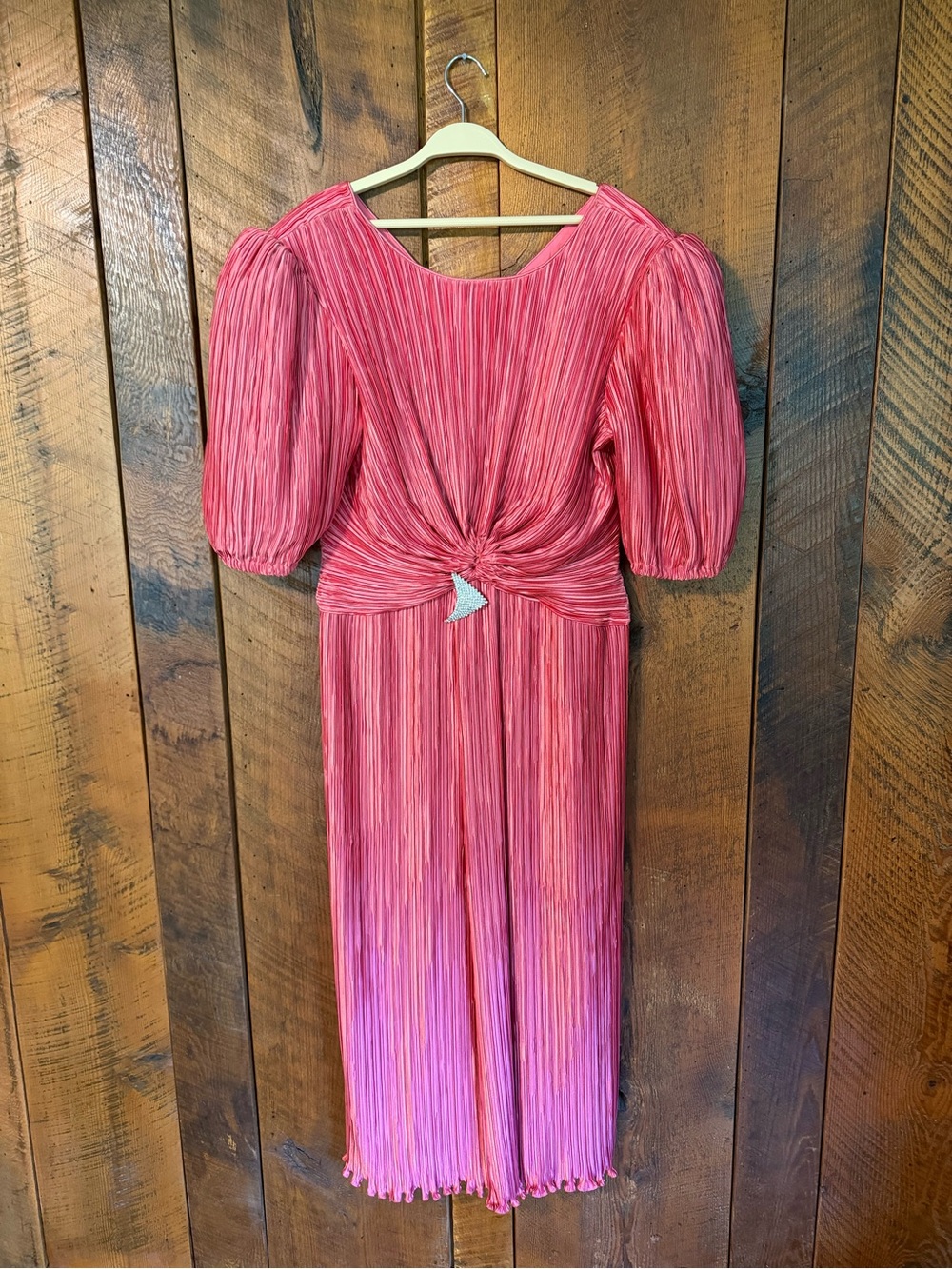 VTG George F Couture Montaldo’s Pink Pleated Rhinestone 80s Dress 14 Fit M-L